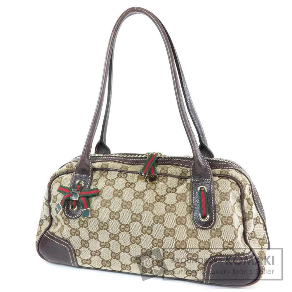 Gucci GG Canvas Princy Boston bag monogram leather trim red web